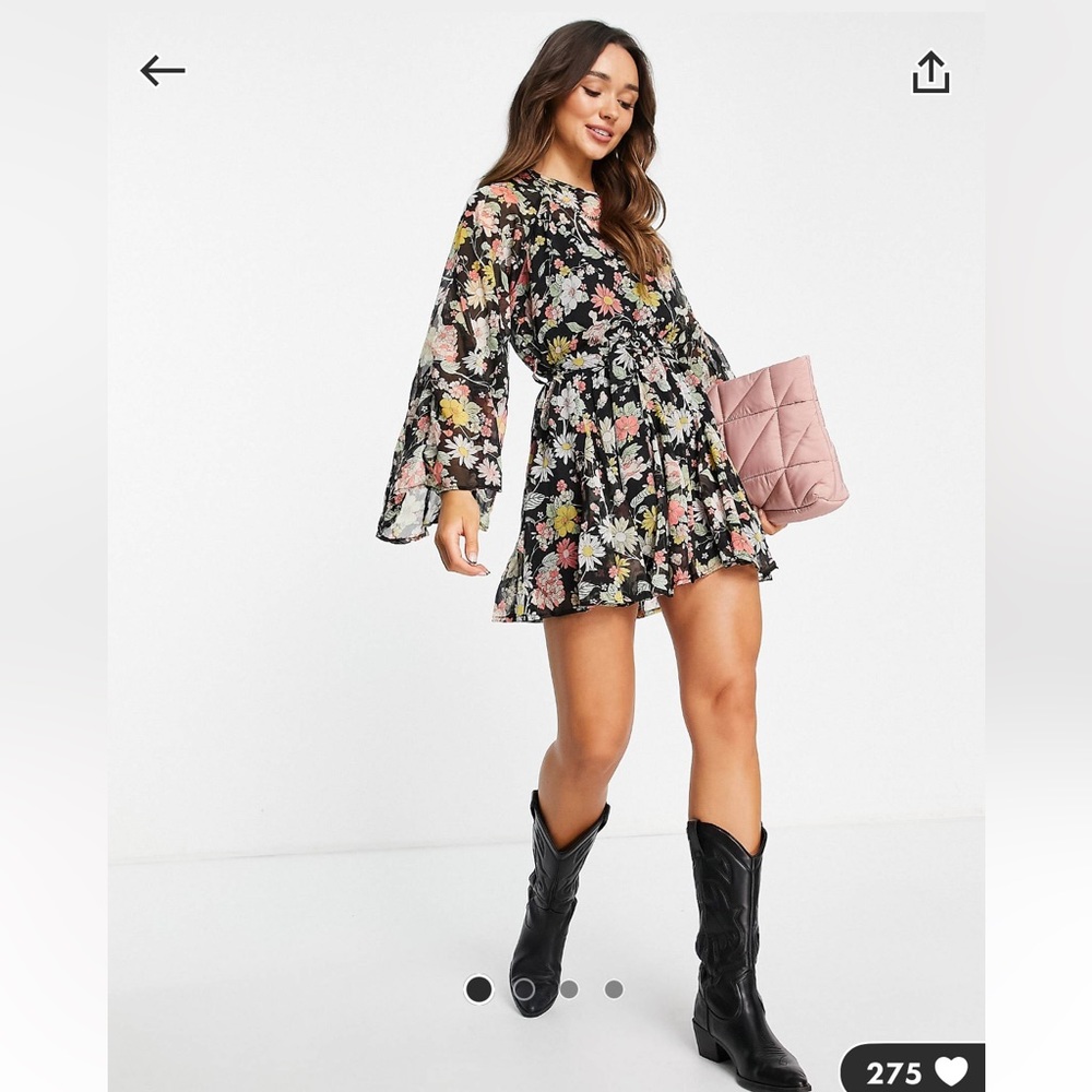 ASOS DESIGN godet skater mini dress with flared sleeve in floral print